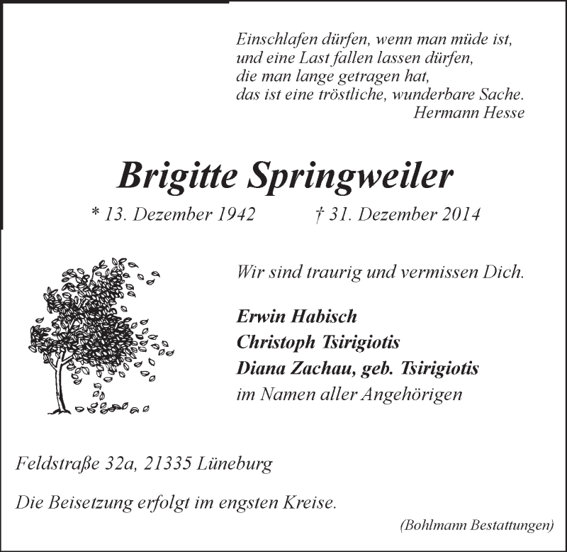  Traueranzeige für Brigitte Springweiler vom 05.01.2015 aus LZ