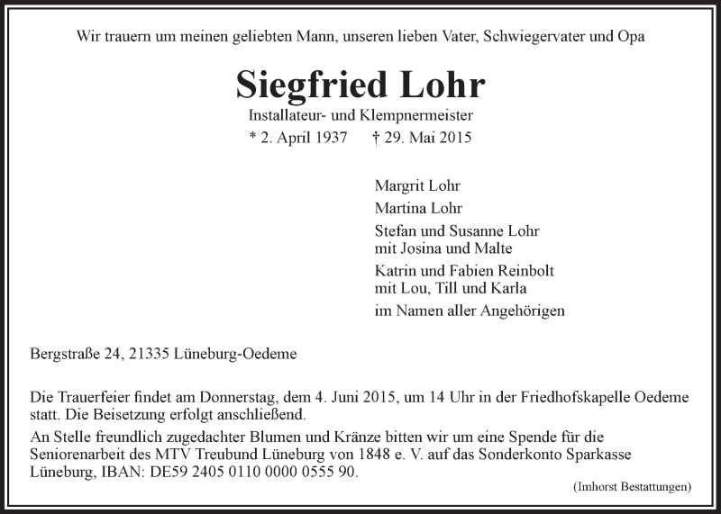  Traueranzeige für Siegfried Lohr vom 02.06.2015 aus LZ