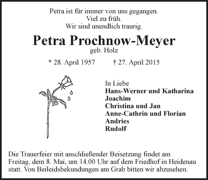  Traueranzeige für Petra Prochnow-Meyer vom 06.05.2015 aus LZ