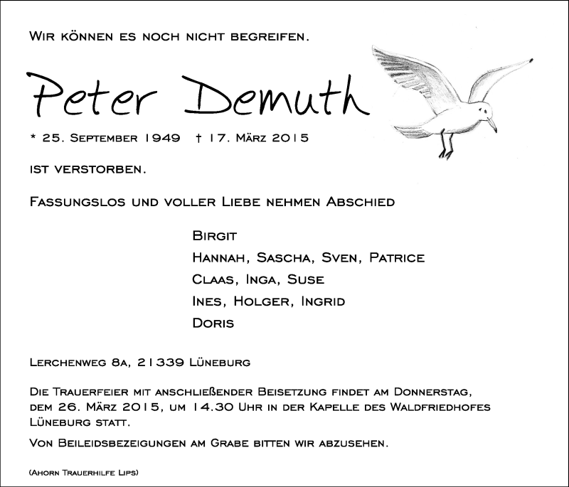  Traueranzeige für Peter Demuth vom 23.03.2015 aus LZ