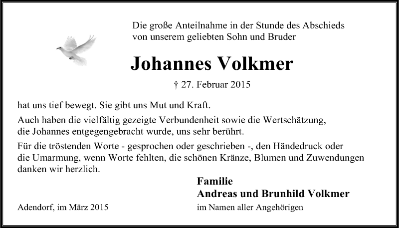  Traueranzeige für Johannes Volkmer vom 28.03.2015 aus LZ