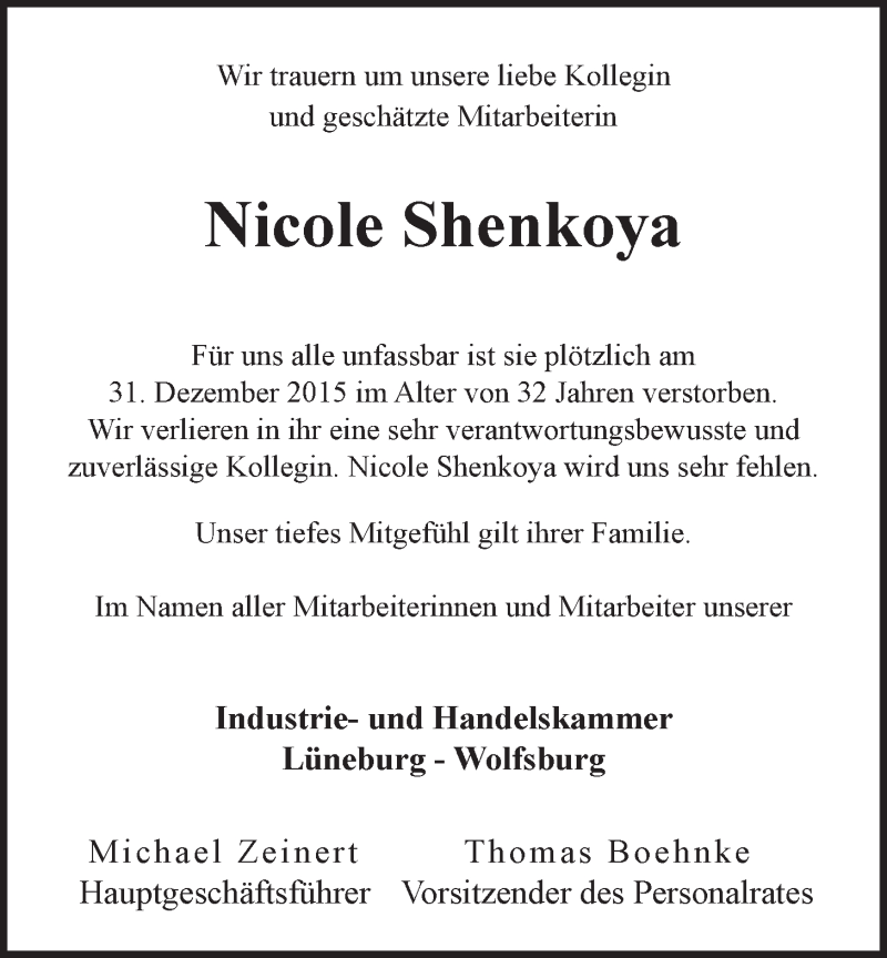  Traueranzeige für Nicole Shenkoya vom 09.01.2016 aus LZ