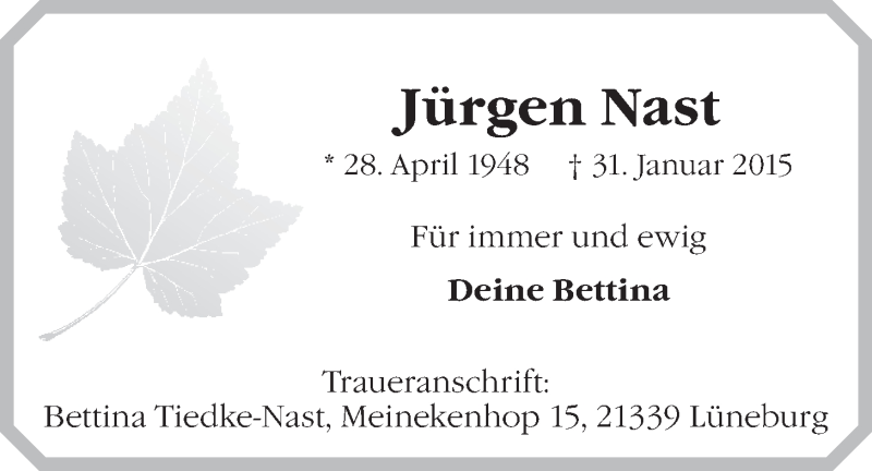  Traueranzeige für Jürgen Nast vom 04.02.2015 aus LZ