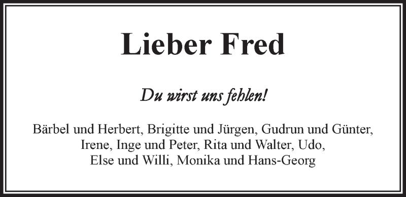  Traueranzeige für Fred Diekmann vom 28.01.2015 aus LZ