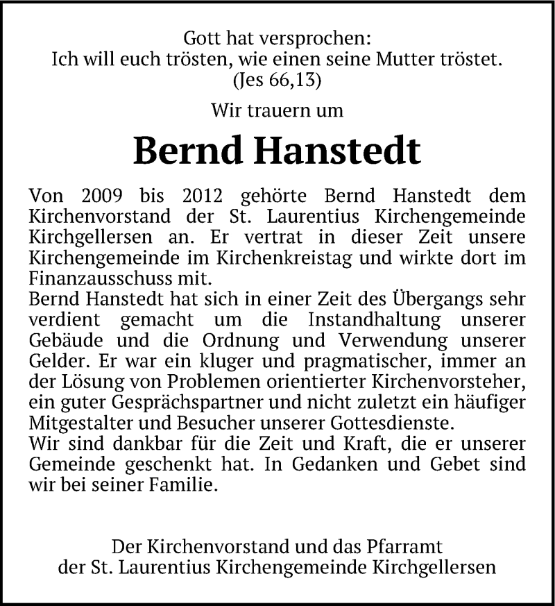  Traueranzeige für Bernd Hanstedt vom 07.11.2015 aus LZ