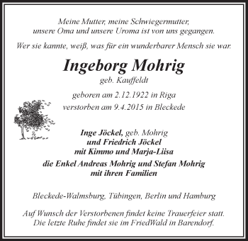 Anzeige von Ingeborg Mohrig von LZ