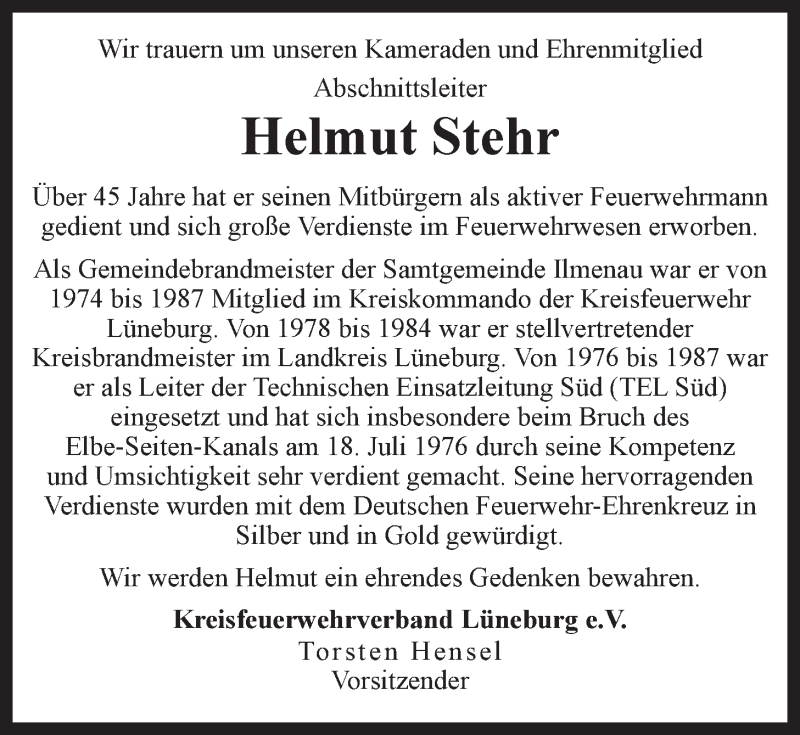  Traueranzeige für Helmut Stehr vom 20.12.2014 aus LZ
