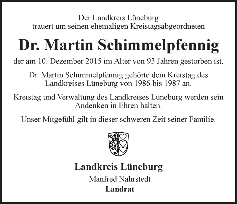  Traueranzeige für Martin Schimmelpfennig vom 17.12.2015 aus LZ