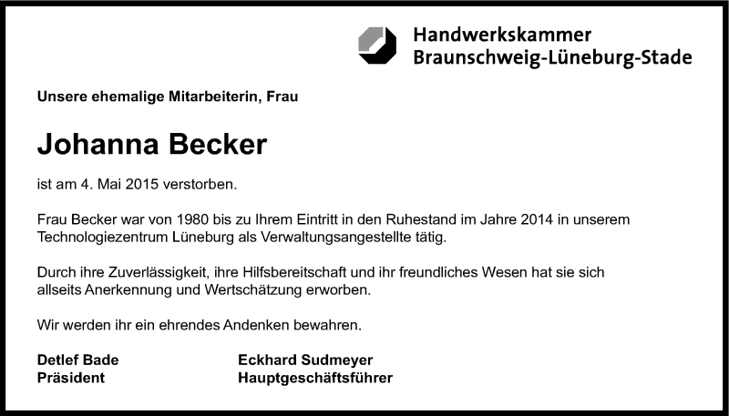  Traueranzeige für Johanna Becker vom 09.05.2015 aus LZ