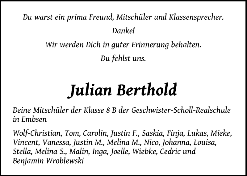  Traueranzeige für Julian Berthold vom 10.01.2015 aus LZ