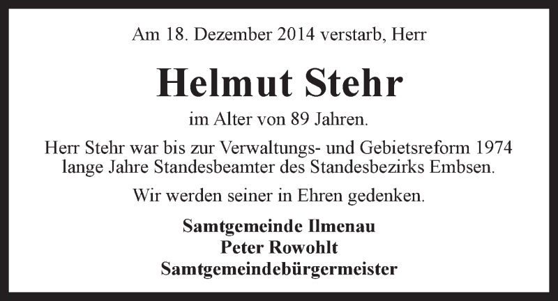  Traueranzeige für Helmut Stehr vom 20.12.2014 aus LZ