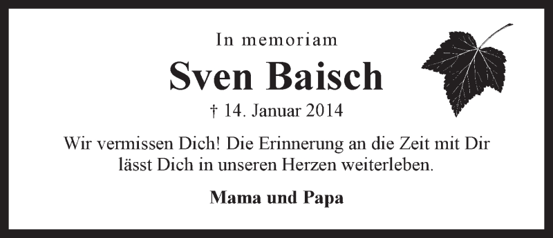  Traueranzeige für Sven Baisch vom 14.01.2015 aus LZ