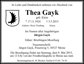Anzeige von Thea Gayk von LZ