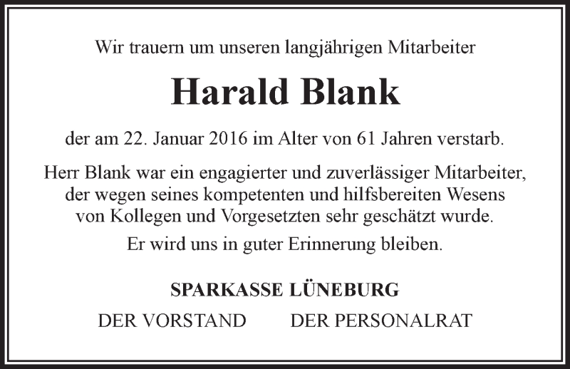  Traueranzeige für Harald Blank vom 02.02.2016 aus LZ