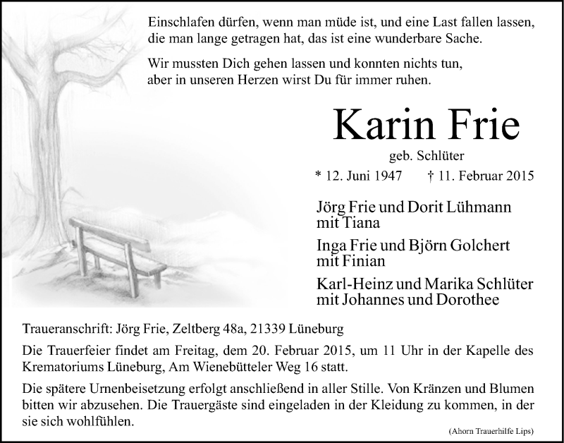  Traueranzeige für Karin Frie vom 14.02.2015 aus LZ