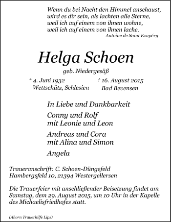 Anzeige von Helga Schoen von LZ