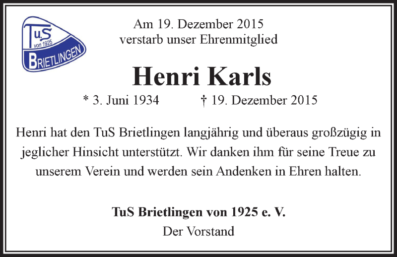  Traueranzeige für Henri Karls vom 23.12.2015 aus LZ