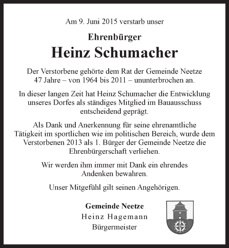  Traueranzeige für Heinz Schumacher vom 13.06.2015 aus LZ