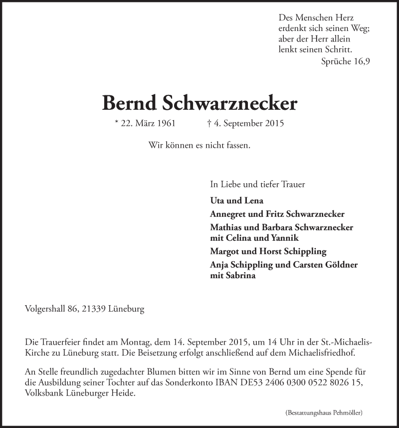 Traueranzeige für Bernd Schwarznecker vom 09.09.2015 aus LZ