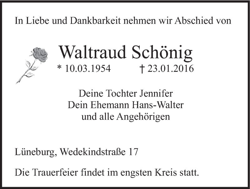  Traueranzeige für Waltraud Schönig vom 29.01.2016 aus LZ