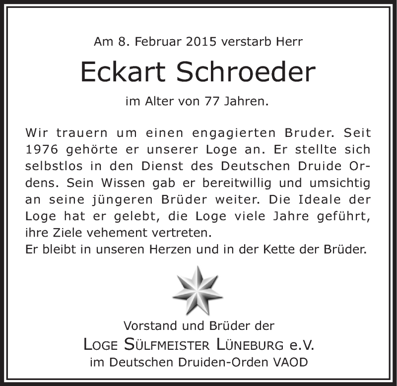  Traueranzeige für Eckart Schroeder vom 11.02.2015 aus LZ