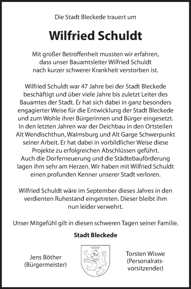  Traueranzeige für Wilfried Schuldt vom 19.06.2015 aus LZ