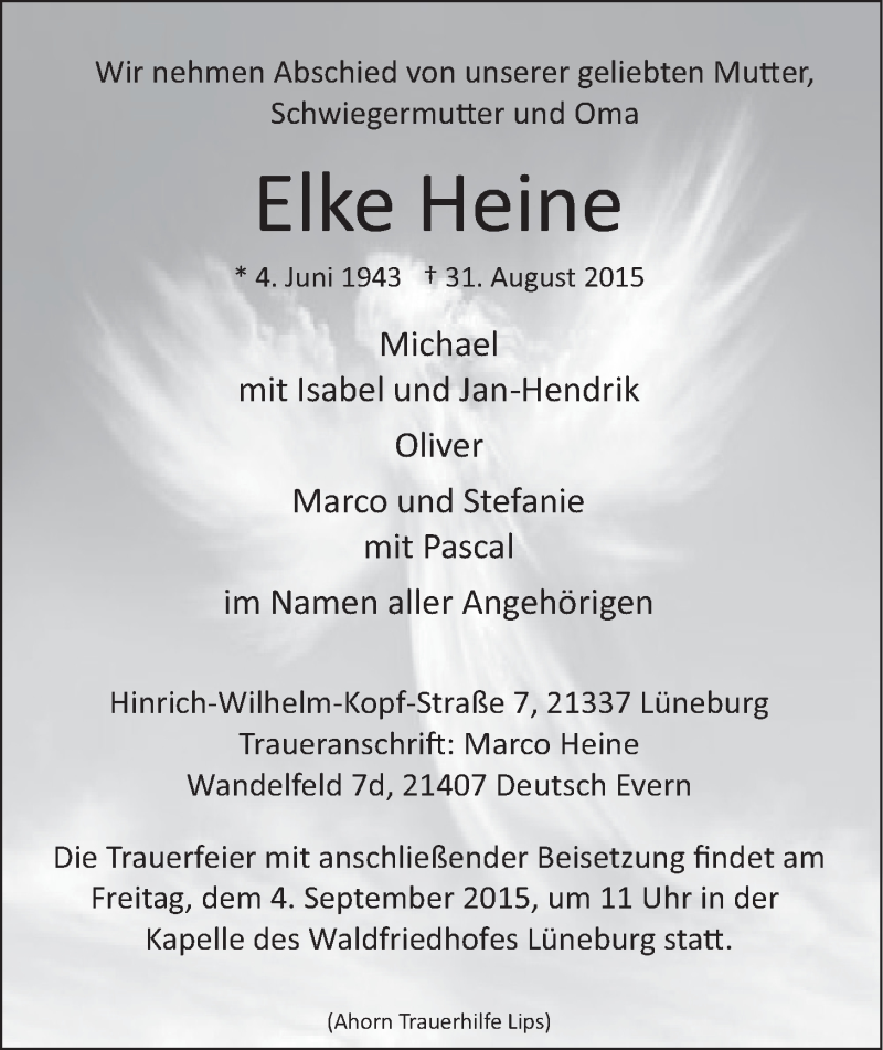  Traueranzeige für Elke Heine vom 02.09.2015 aus LZ