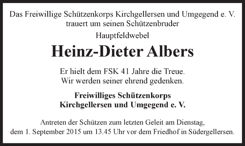  Traueranzeige für Heinz-Dieter und Dieter Albers vom 27.08.2015 aus LZ