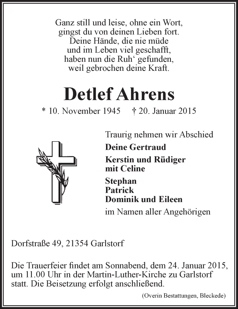  Traueranzeige für Detlef Ahrens vom 22.01.2015 aus LZ