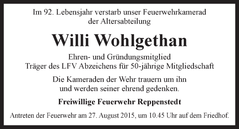  Traueranzeige für Willi Wohlgethan vom 26.08.2015 aus LZ