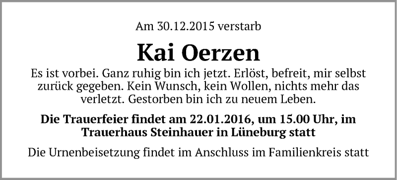  Traueranzeige für Kai Oerzen vom 18.01.2016 aus Landeszeitung Lüneburg