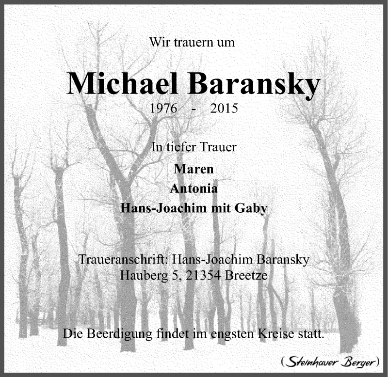  Traueranzeige für Michael Baransky vom 21.11.2015 aus LZ