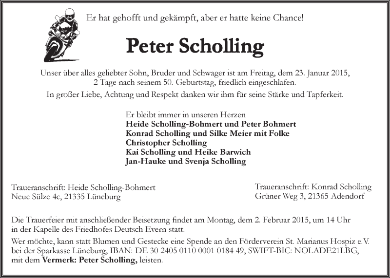  Traueranzeige für Peter Scholling vom 28.01.2015 aus LZ