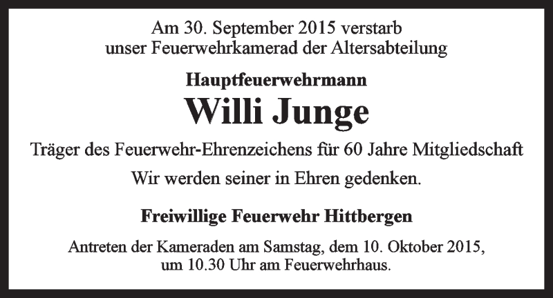  Traueranzeige für Willi Junge vom 06.10.2015 aus LZ
