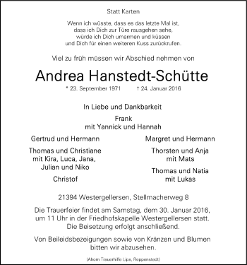 Anzeige von Andrea Hanstedt-Schütte von LZ