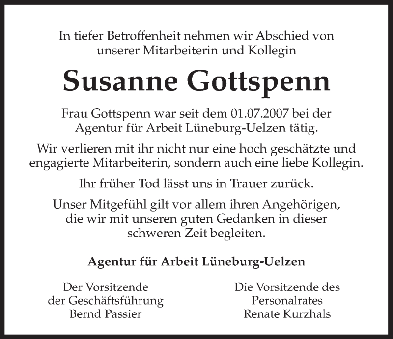  Traueranzeige für Susanne Gottspenn vom 19.12.2015 aus LZ