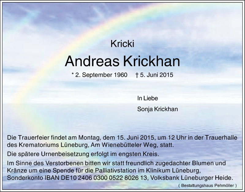  Traueranzeige für Andreas Krickhan vom 13.06.2015 aus LZ
