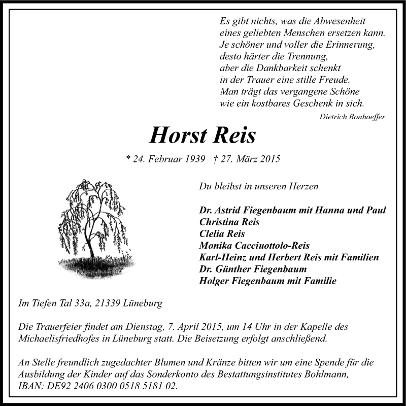  Traueranzeige für Horst Reis vom 01.04.2015 aus LZ