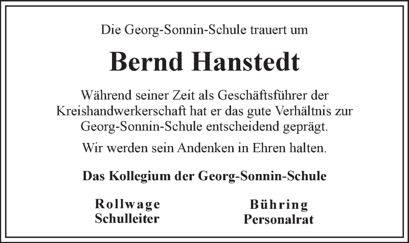  Traueranzeige für Bernd Hanstedt vom 05.11.2015 aus LZ