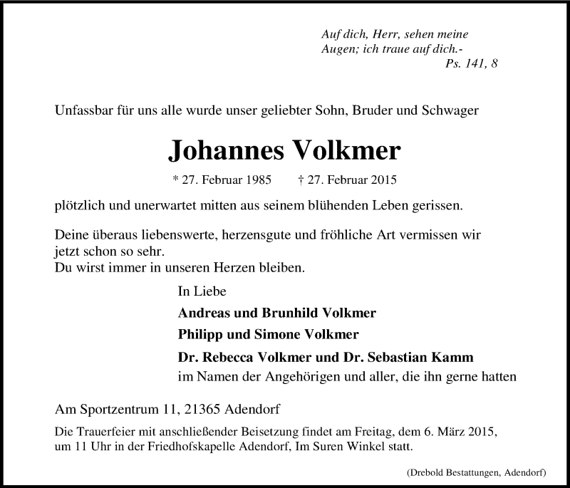  Traueranzeige für Johannes Volkmer vom 04.03.2015 aus LZ