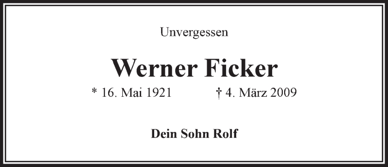  Traueranzeige für Werner Ficker vom 04.03.2016 aus LZ