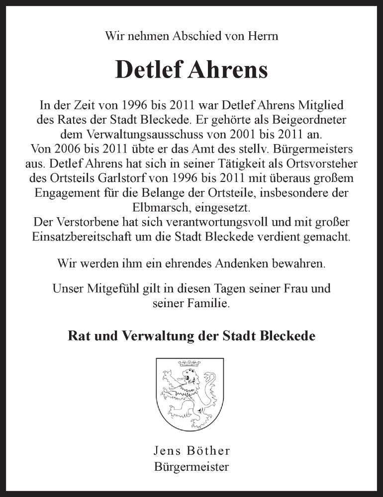  Traueranzeige für Detlef Ahrens vom 22.01.2015 aus LZ