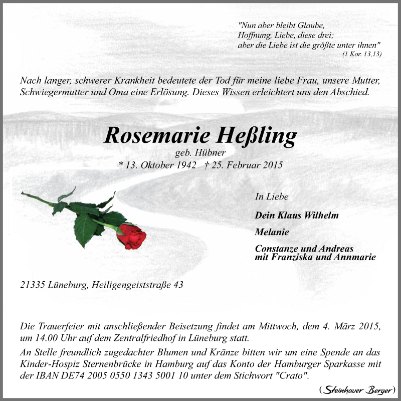  Traueranzeige für Rosemarie Heßling vom 28.02.2015 aus LZ
