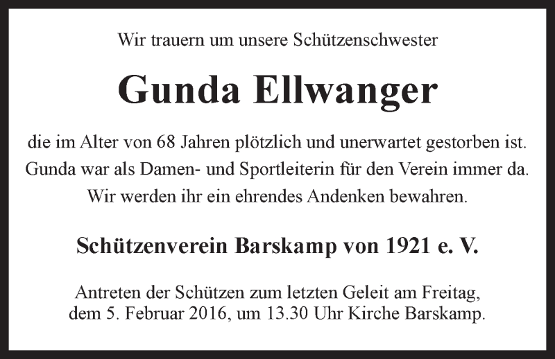  Traueranzeige für Gunda Ellwanger vom 30.01.2016 aus LZ