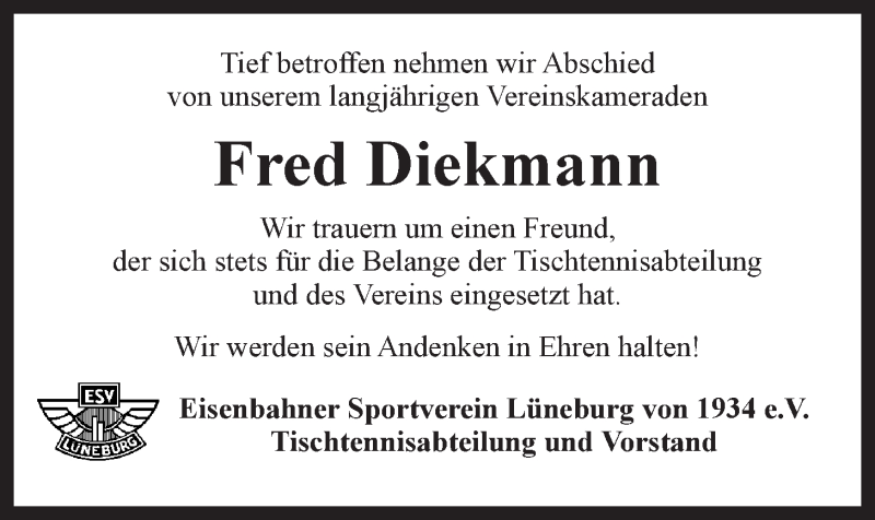  Traueranzeige für Fred Diekmann vom 28.01.2015 aus LZ