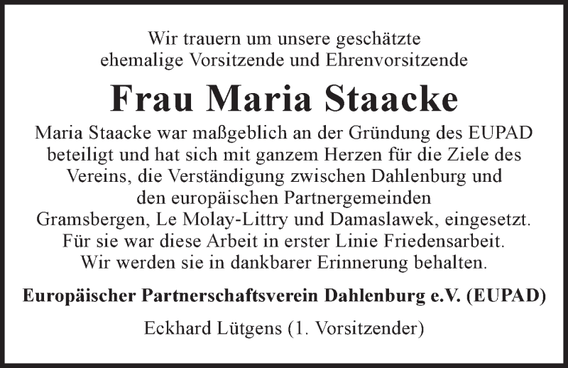  Traueranzeige für Maria Staacke vom 17.10.2015 aus LZ