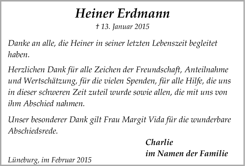  Traueranzeige für Heiner Erdmann vom 14.02.2015 aus LZ
