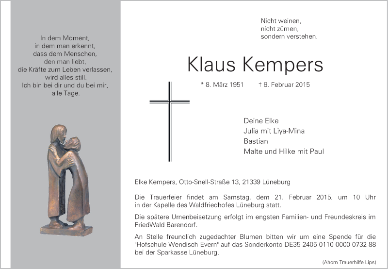  Traueranzeige für Klaus Kempers vom 14.02.2015 aus LZ