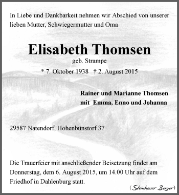 Anzeige von Elisabeth Thomsen von Landeszeitung Lüneburg