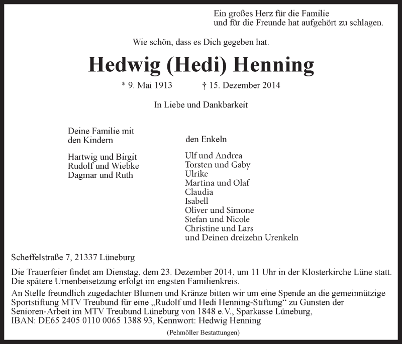  Traueranzeige für Hedwig Henning vom 18.12.2014 aus LZ